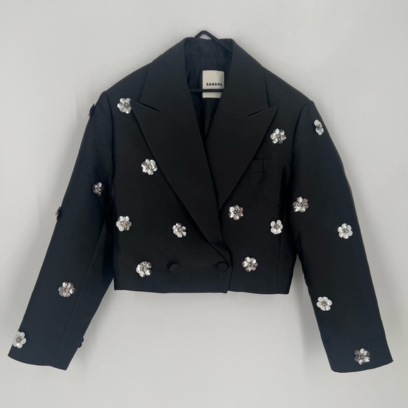 Sandro Jackets & Blazers - Sandro Flower Floral 3D Embellished Cropped Double Breasted Blazer Satin Jacket